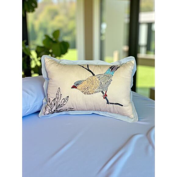 Madison Park Quincy Bird Embroidered Lumbar Pillow-Blue Botanical-Cottage-Nature - Picture 1 of 5